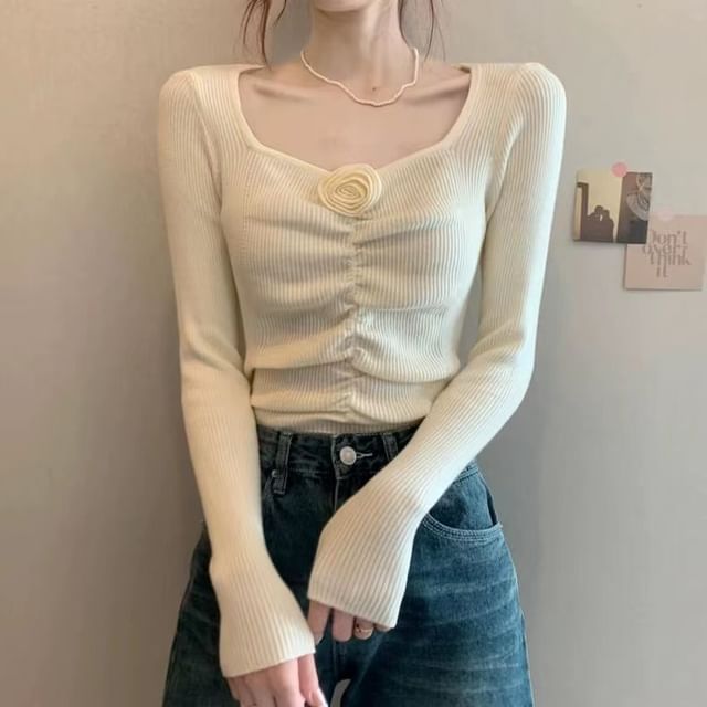 Sisyphi-Long Sleeve Square Neck Plain Ruched Ribbed Knitted Crop Top