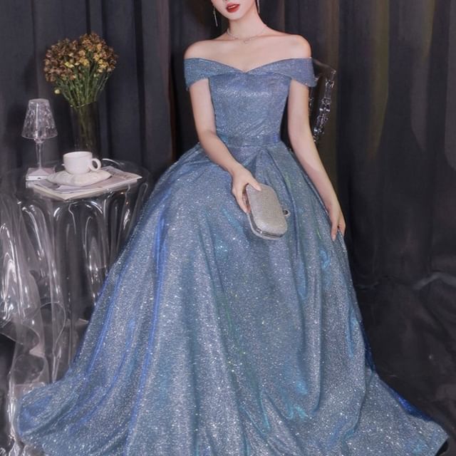DreesHouse-Off-Shoulder Glitter A-Line Evening Gown
