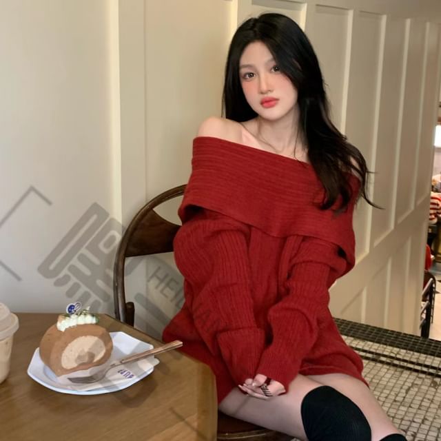 Everose-Long-Sleeve Off Shoulder Plain Knit Top