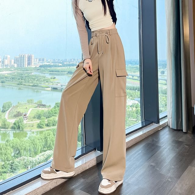 Dovitade-High Rise Plain Wide Leg Cargo Pants