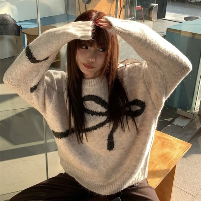 PINPI - Long-Sleeve Crew Neck Bow Print Sweater | YesStyle