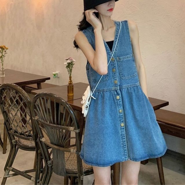 Kira Kira - V-Neck Washed Button Gathered Mini A-Line Denim Pinafore Dress  / Plain Cami Top | YesStyle