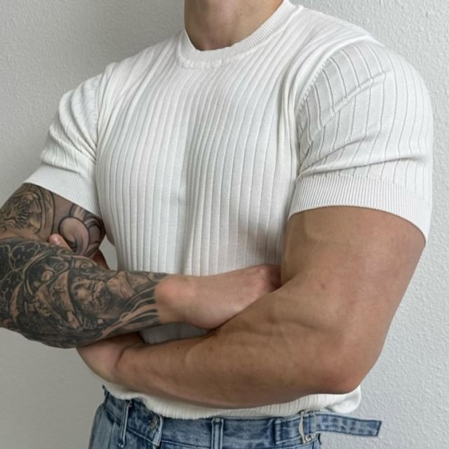 GRAYCIOUS-Short-Sleeve Crew Neck Plain Ribbed Knit Top