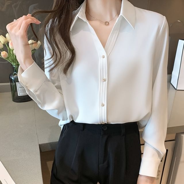 Dragan Pulse-Long-Sleeve Plain Chiffon Blouse