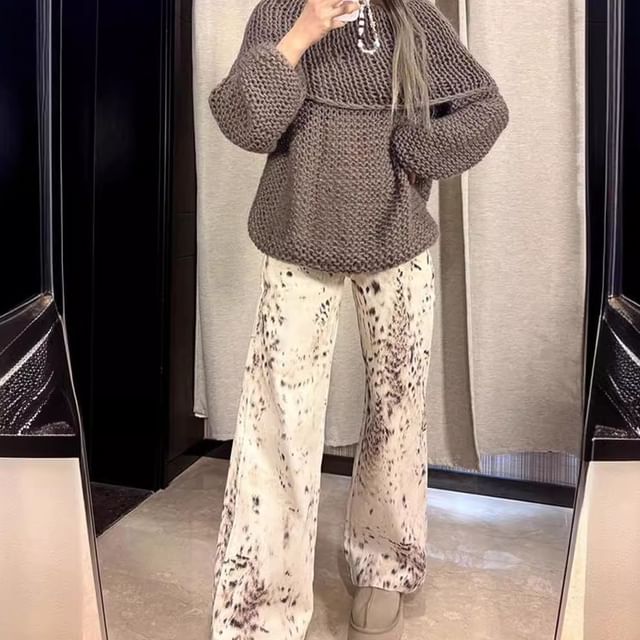 Jerolenea-High Waist Leopard Print Wide Leg Jeans
