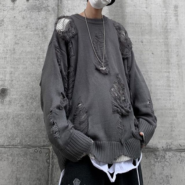 Plummie-Crew Neck Plain Distressed Sweater