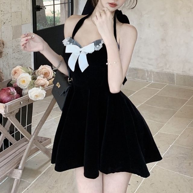 sachin and babi light blue dress Black Ruched Bow Halter Dress