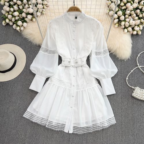 Lantern Sleeve Stand Collar Lace Trim Belted Shirt Dress