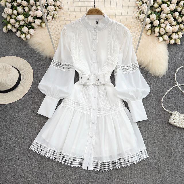 Yearnin - Lantern Sleeve Stand Collar Lace Trim Belted Shirt Dress