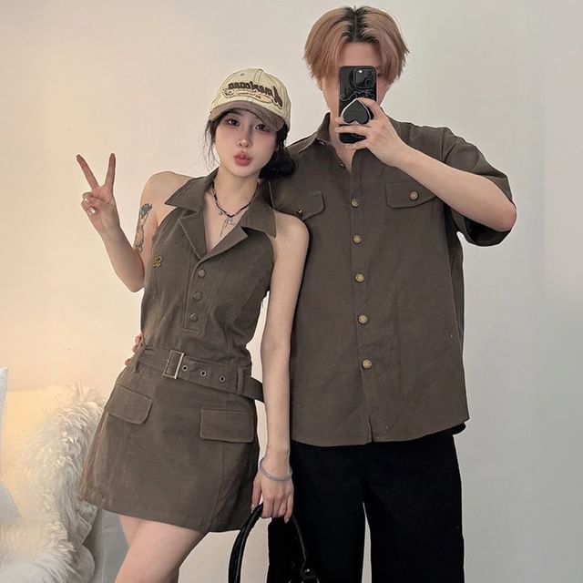 Azure-Couple Matching Halter Collared Plain Belted Button Mini A-Line Dress Short Sleeve Shirt Set