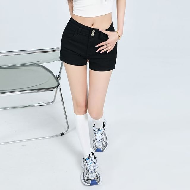 Denimot-Mid Rise Plain Washed Denim Hot Pants