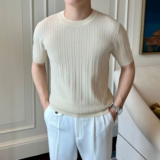 Naideth-Short Sleeve Crew Neck Plain Knit Top