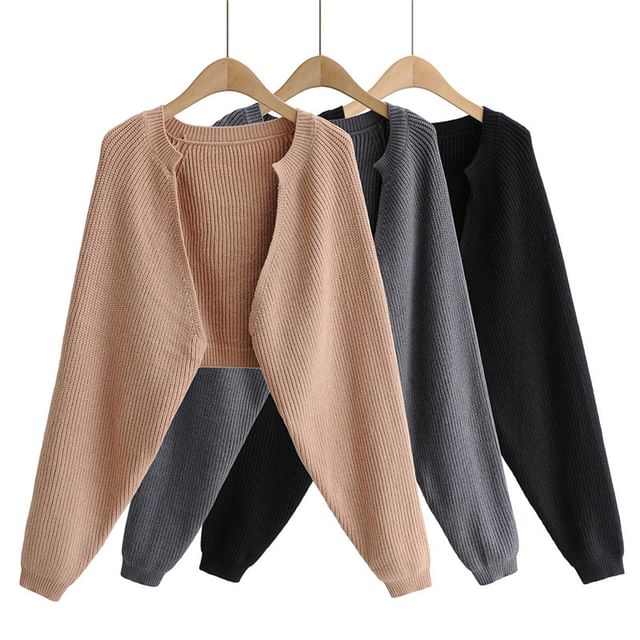 Faiar-Plain Ribbed Open Front Cardigan