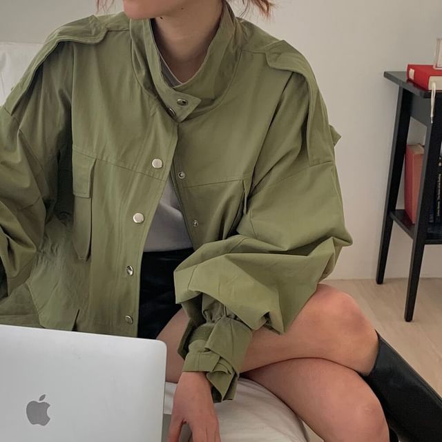 ANORA-Stand Collar Button-Up Plain Cargo Jacket
