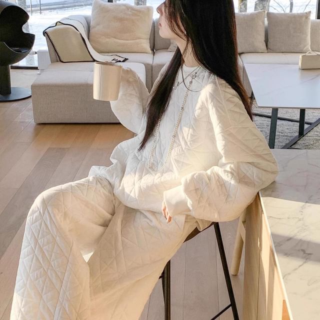 GOUB-Pajama Set Long-Sleeve Plain Top Quilted Pants