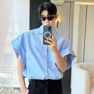 Freehop-Short-Sleeve Collared Plain Shirt