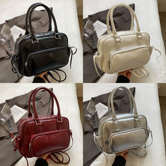 Basaran-Metallic Faux Leather Zip Backpack