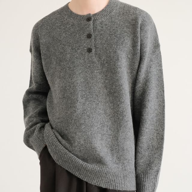 DAZO Studios-Crew Neck Plain Henley Oversized Sweater