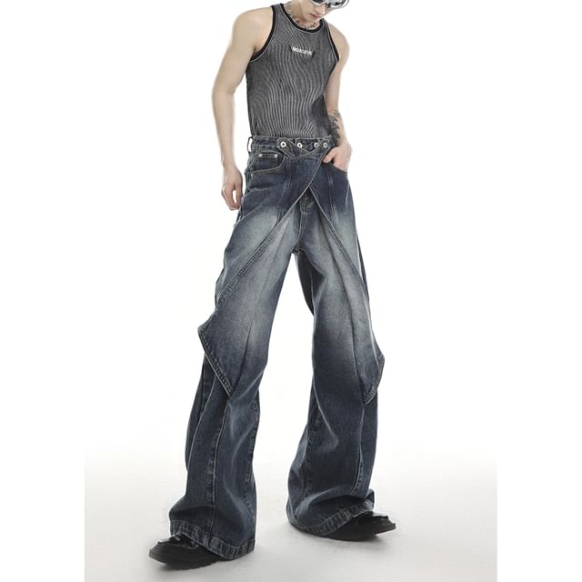 kooklay-Mid Rise Washed Wide Leg Jeans
