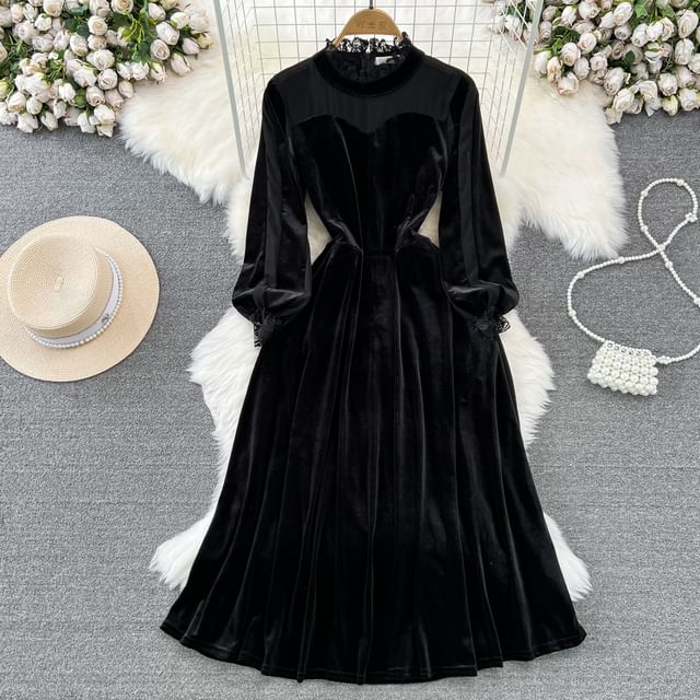 Yearnin - Long-Sleeve Velvet Midi A-Line Dress | YesStyle Yearnin - Long-Sleeve Velvet Midi A-Line Dress | YesStyle