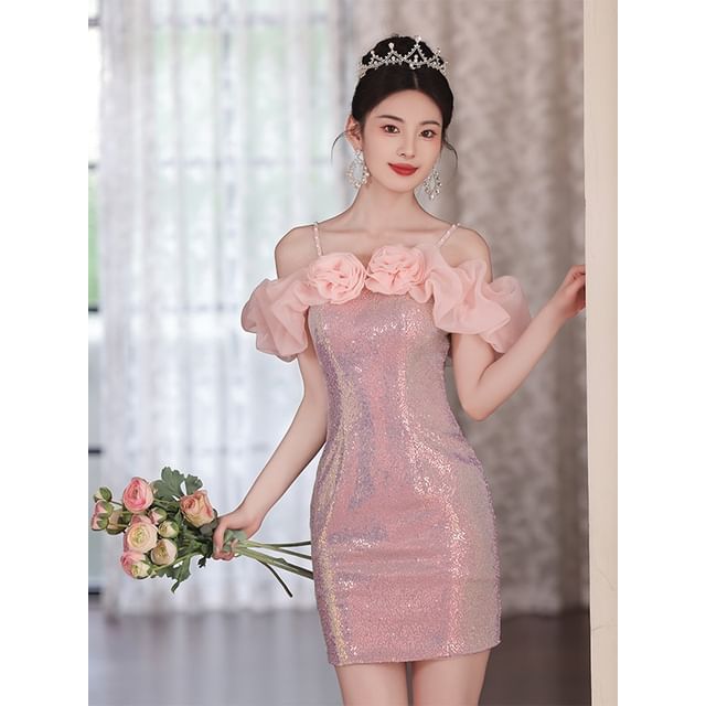 Lexama-Spaghetti Strap Cold Shoulder Sequined Ruffle Trim Mini Bodycon Cocktail Dress