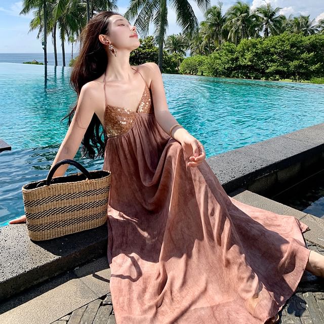 Fioridi-Halter Sequin Tie Dye Maxi Sundress