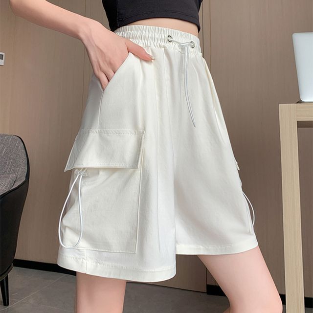 Everose-Drawstring Waist Plain Cargo Shorts