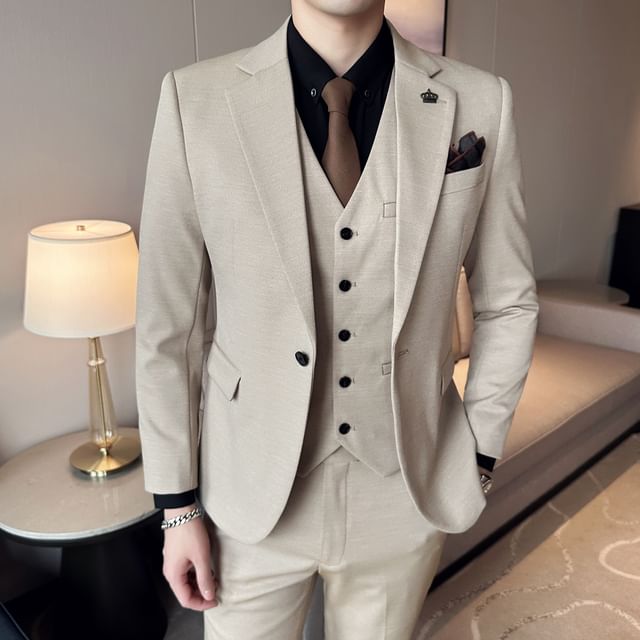 Blueforce-Set Plain Blazer V-Neck Button-Up Vest High Waist Straight Leg Dress Pants