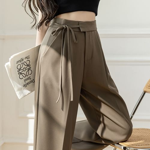 Odestra - High-Waist Plain Self-Tie Wide-Leg Suit Pants