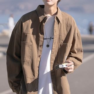 WidoWilder-Long-Sleeve Plain Button-Up Cargo Shirt