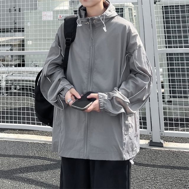 Antaeus-Stand Collar Reflective Striped Hood Zip Jacket