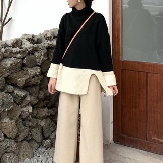 Gilmort-Patchwork Sweater Fleece-Lined Wide-Leg Pants