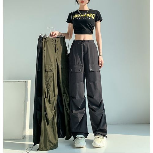 High Waist Plain Drawstring Cargo Baggy Pants