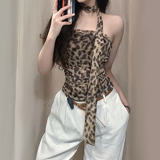 Allinya-Set Leopard Print Mesh Tube Top Scarf