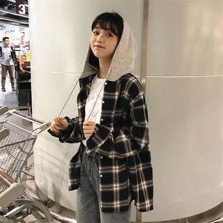 plaid button up hooded coat