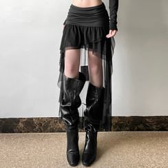 Off-Shoulder Plain Flower Accent Frill Trim Slim Fit Crop Top / High Rise Tiered Maxi A-Line Skirt