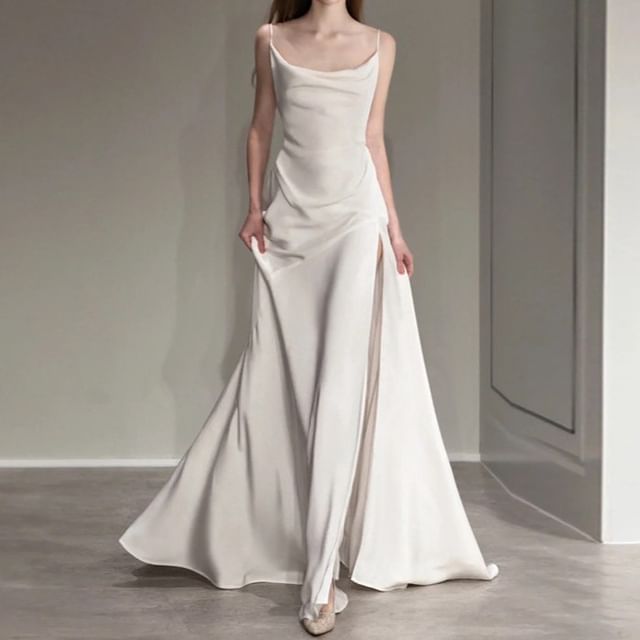 Wospe - Spaghetti Strap Cowl Neck Plain Open Back Slit A-Line Wedding Gown  | YesStyle