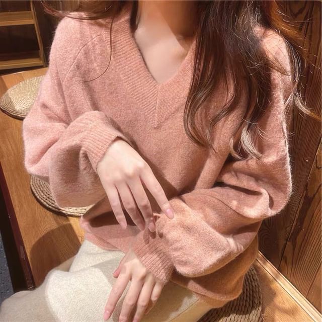 Essere-Puff-Sleeve V-Neck Melange Sweater