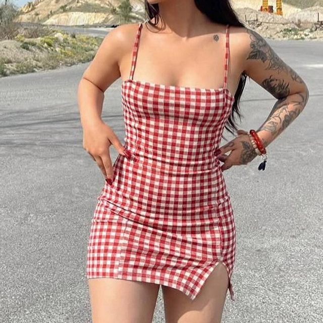 Trilake Spaghetti Strap Plaid Slit Mini Bodycon Dress YesStyle - Main Image
