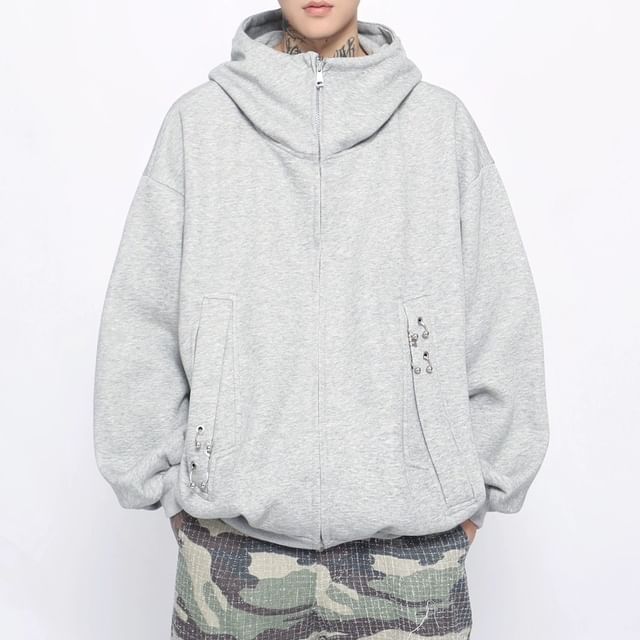 Derbundy-Plain Zip Up Oversized Hoodie