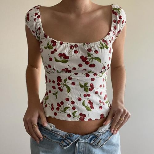 Honet - Cap Sleeve Square-Neck Pattern Print Open-Back Slim