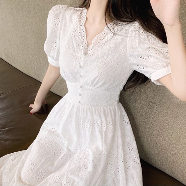 white christmas dresses Summer Off-The-Shoulder Eyelet Dress Knee Length