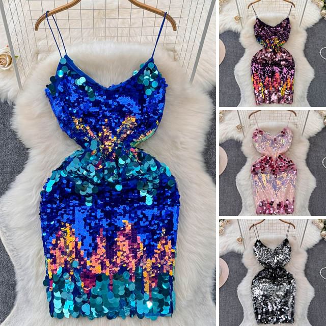 Yearnin-Spaghetti Strap Sequin Bodycon Dress