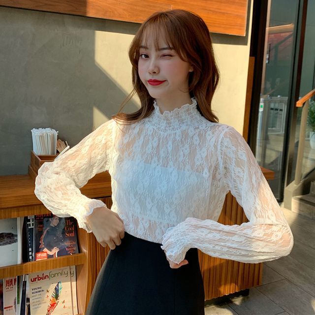 Sisyphi - Puff-Sleeve Mock-Neck Lace Blouse | YesStyle
