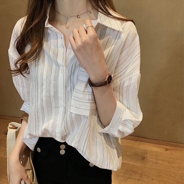 Everose-Elbow-Sleeve Striped Button-Up Shirt