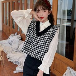 Lokin - Ruched Blouse / Houndstooth Knit Vest Lokin - Ruched Blouse / Houndstooth Knit Vest
