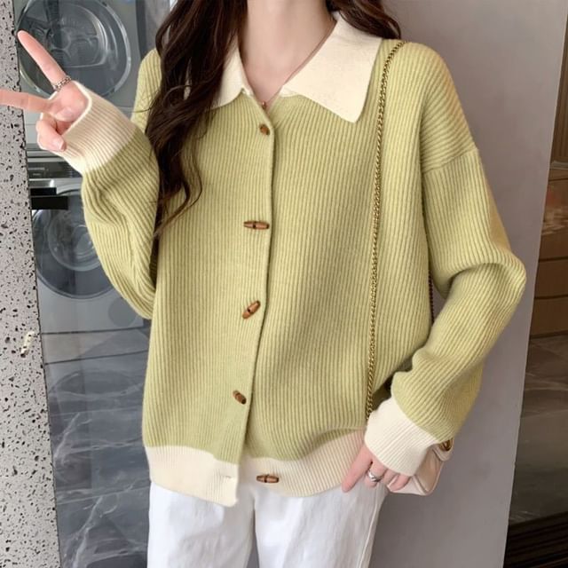 Sienne-Collared Toggle Two Tone Cardigan