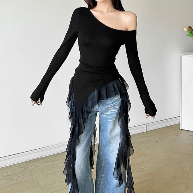 Bababy-Long Sleeve One Shoulder Plain Asymmetrical Ruffle Top