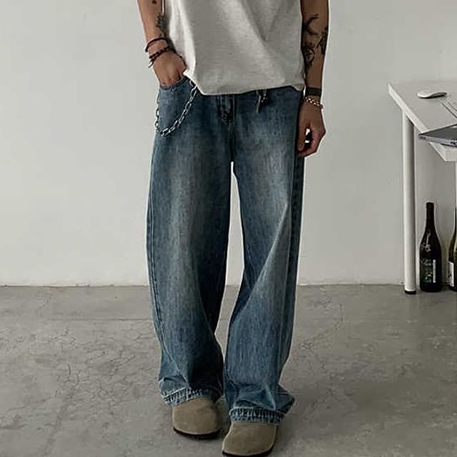 Adothuiastic-Mid Rise Washed Wide-Leg Jeans