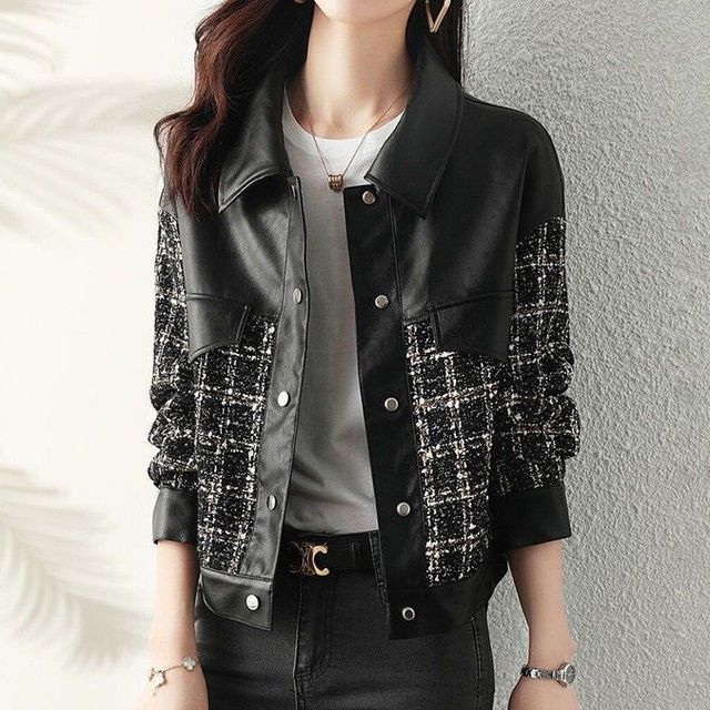 Inchioh-Long-Sleeve Tweed Panel Faux Leather Jacket